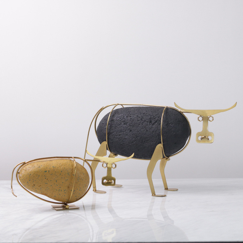 Modern New Chinese Style Creative Imitation Stone Metal Cow Ornament for Room, Bookshelf, Office, Study Animal Decoratio