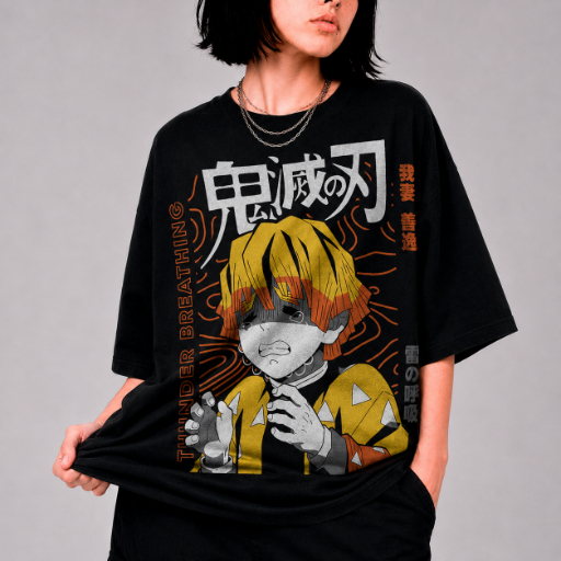 Camiseta Oversized Zenitsu Demon Slayer Kimetsu no Yaiba Unissex 100% Algodão Premium