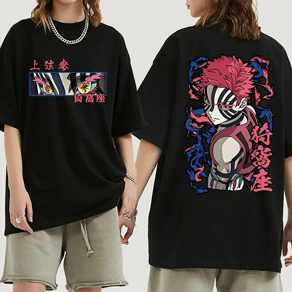 Camiseta Premium Algodão Puro Oversized Unissex Demon Slayer Serie Anime Akaza Hakuji T-shirt