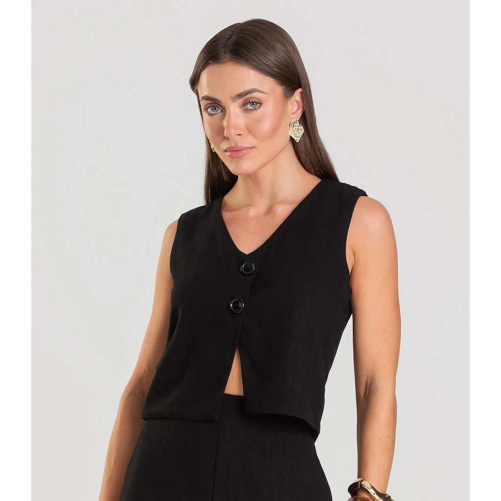 Colete Feminino Em Tecido Linho Dianna Preto