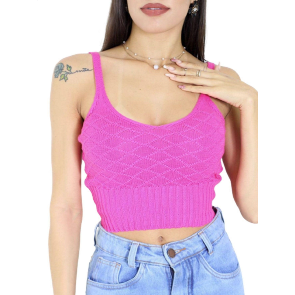 Colete Feminino Tricot Cropped Alça Larga Texturizado Moda Verão Cores Variadas