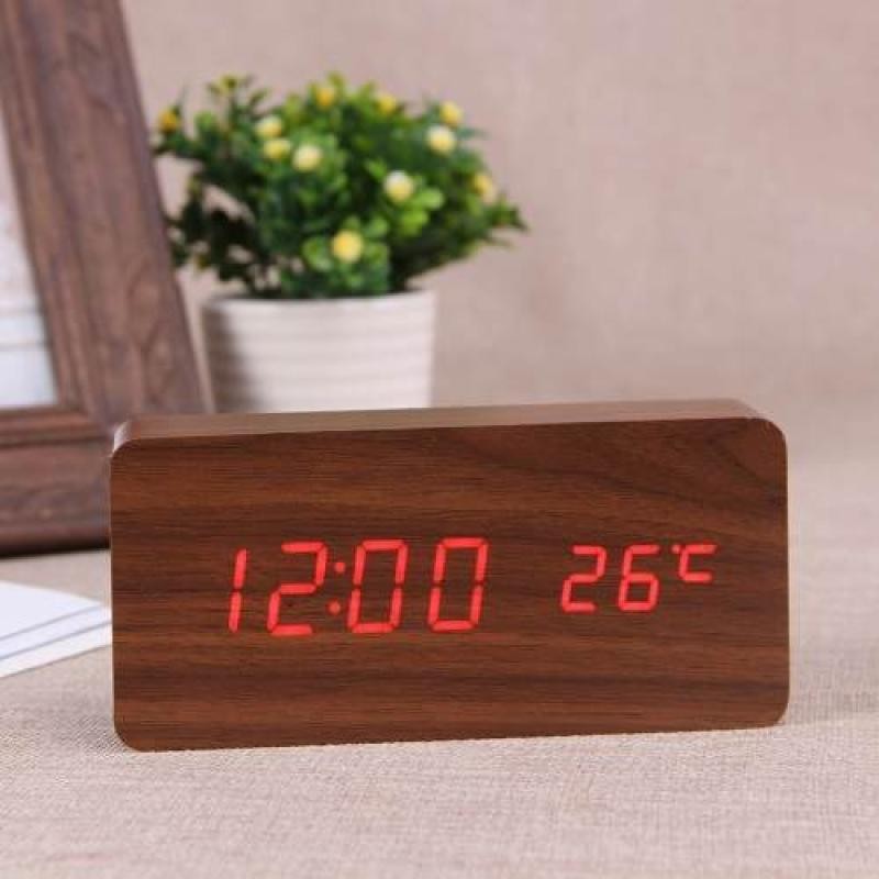 Relogio Despertador Mesa Digital Madeira Com Sound Control