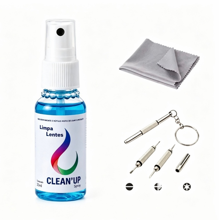 Kit Spray Limpador De Lentes E Oculos e Chave Mini Conjunto Cuidador