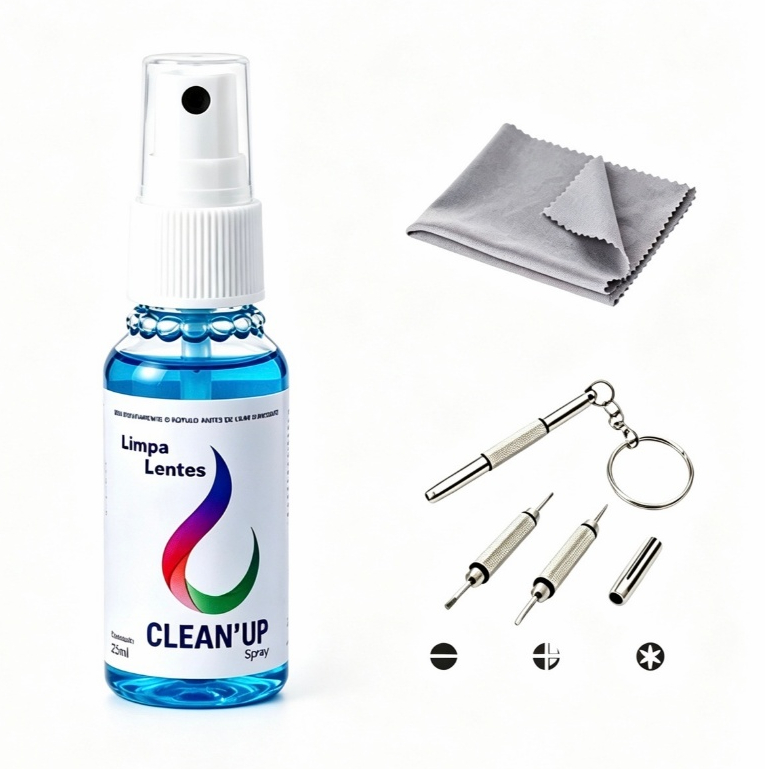 Kit Spray Limpador De Lentes E Oculos e Chave Mini Conjunto Cuidador