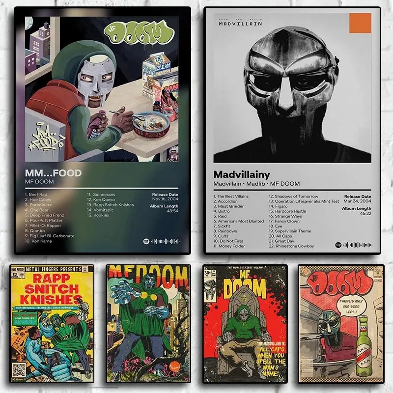 MF Doom Quadrinhos Álbum Cartaz Estético Rapper Hip Hop Rock Música Banda MM Máscara De Comida Lona Para Arte Da Parede
