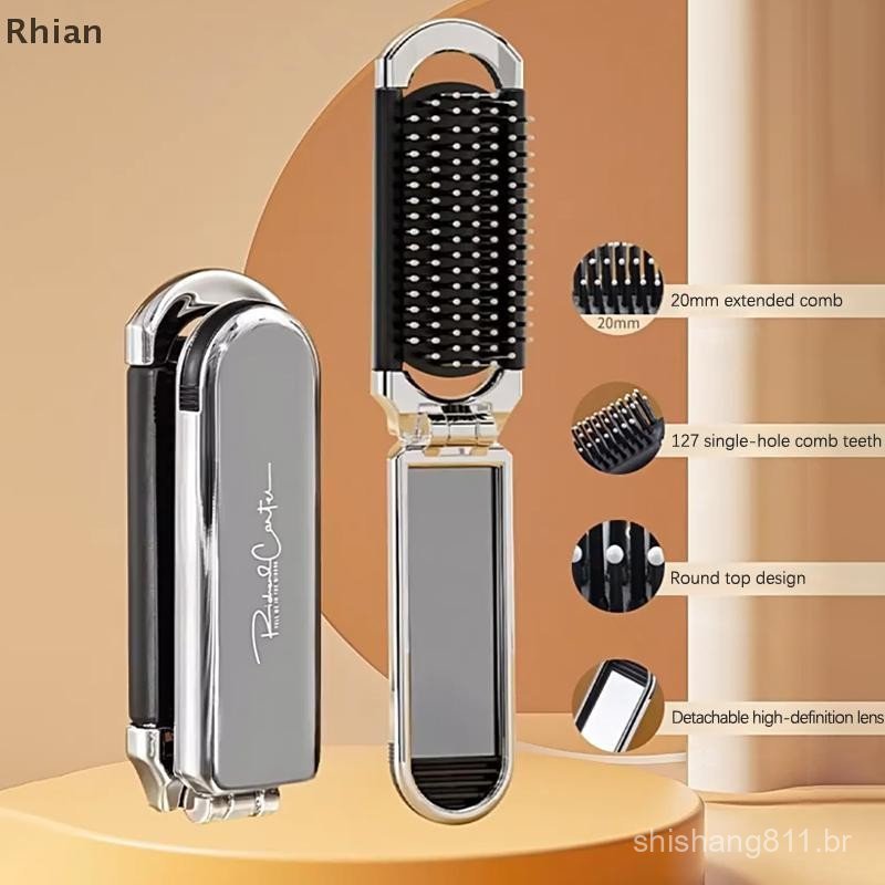[Rhian] Hair Brush Foldable Massage Comb Anti-static Portable Travel Girl's Combs With Mirror COD