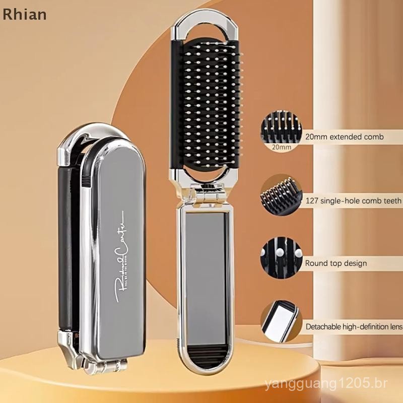[Rhian] Hair Brush Foldable Massage Comb Anti-static Portable Travel Girl's Combs With Mirror COD