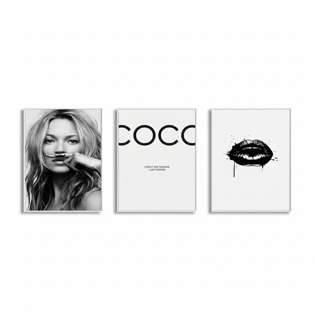 Quadro decorativo Feminina beauty preto e branco (3 peças)