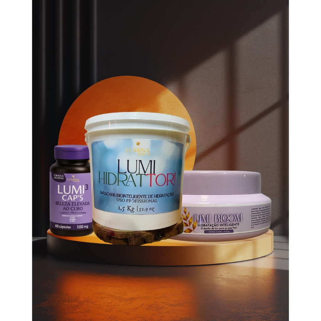 Kit Tratamento Capilar Lumi Hidrattori 1,5Kg | Home Care Lumi Bloom 300g | Lumi Caps Sup Alimentar Cabelo Pele Unha