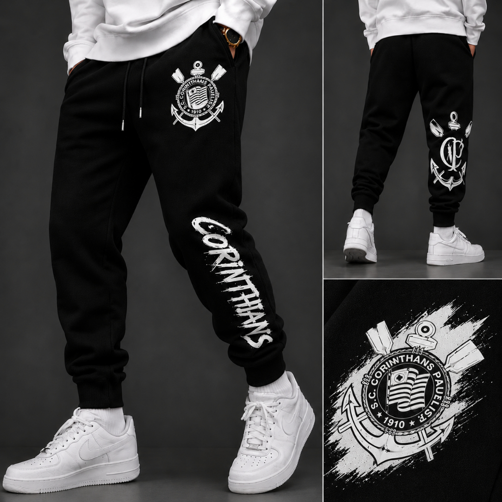 Calça moletom unissex em algodão premium slim fitness gym jogador timão gavião arte exclusiva