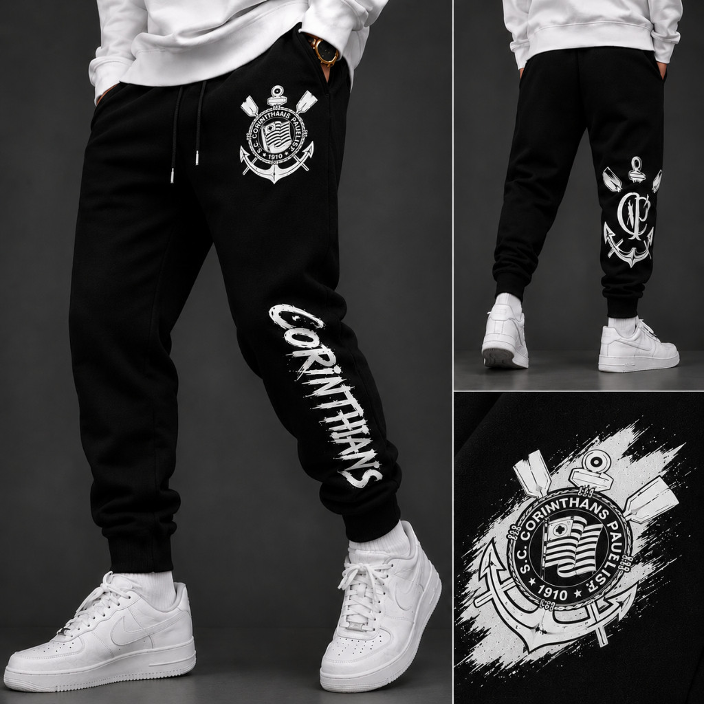 Calça moletom unissex em algodão premium slim fitness gym jogador timão gavião arte exclusiva