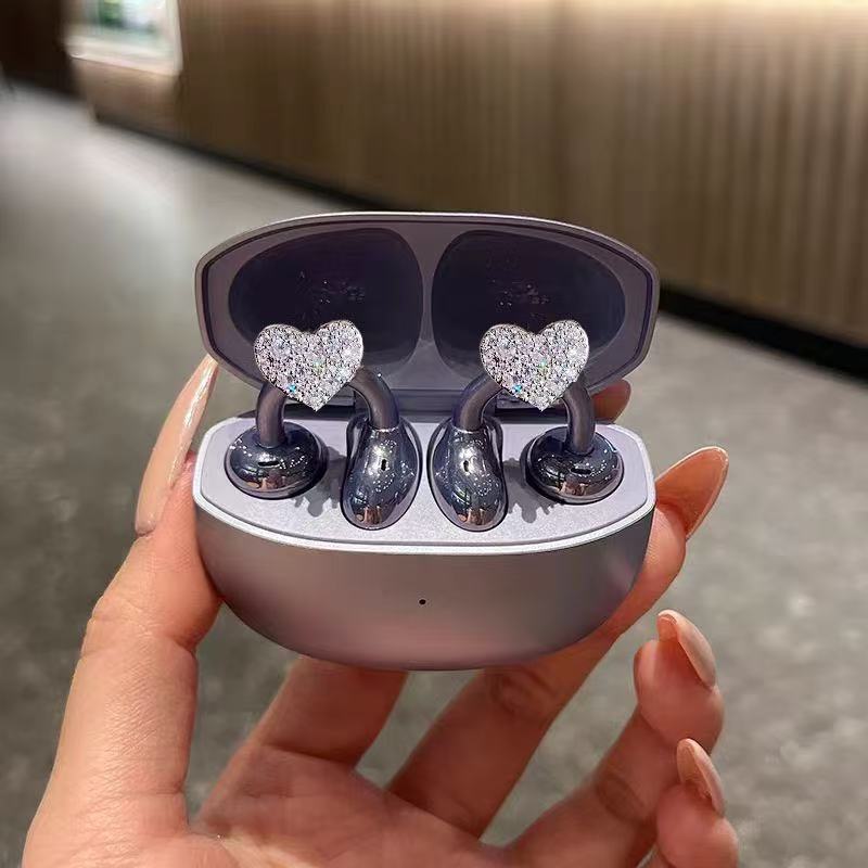 1 Par De Clipe De Orelha De Diamante De Coração Para Fones De Ouvido FreeClip Brilho Zircão Fivela Removível Luz Acessór