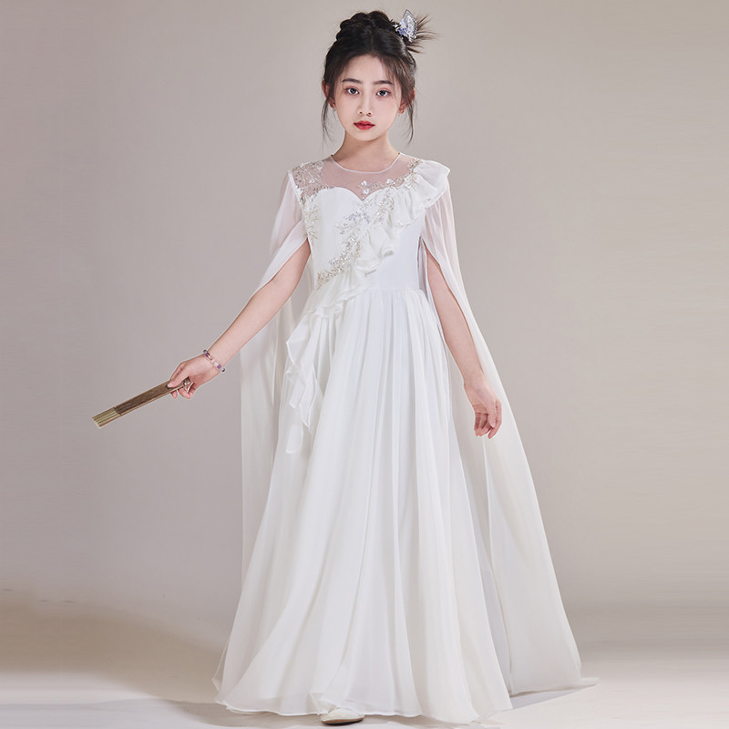 Branco Guzheng meninas trajes verão república da China estilo novo vestido chinês instrumentos musicais coro passarela S
