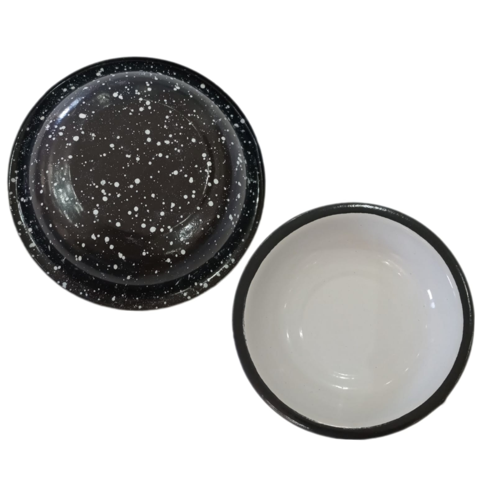 PRATO ESMALTADO METAL BRANCO COM FUNDO PRETO 21 CM DIÂMETRO