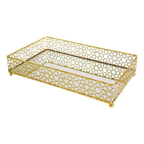 Bandeja De Metal Com Espelho Retangular Metalizado 25cm Dourado