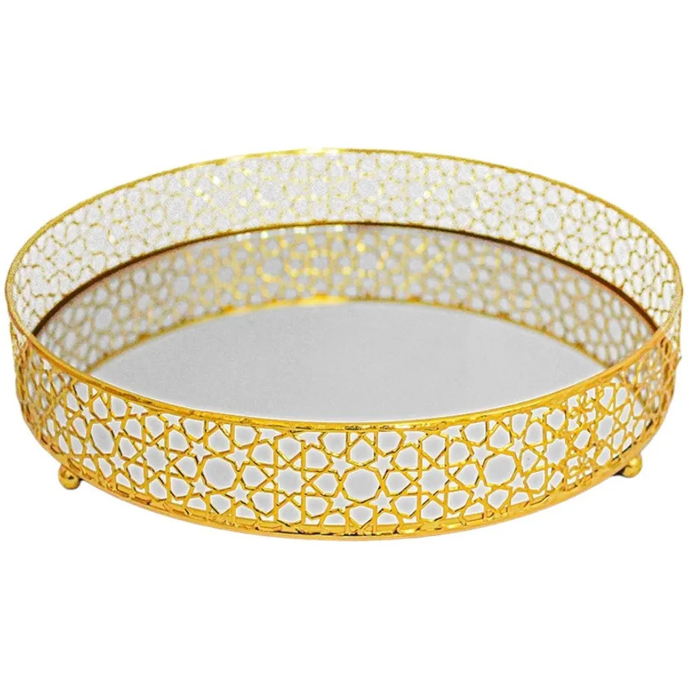 Bandeja De Metal Com Espelho Redondo Metalizado 25cm Dourado