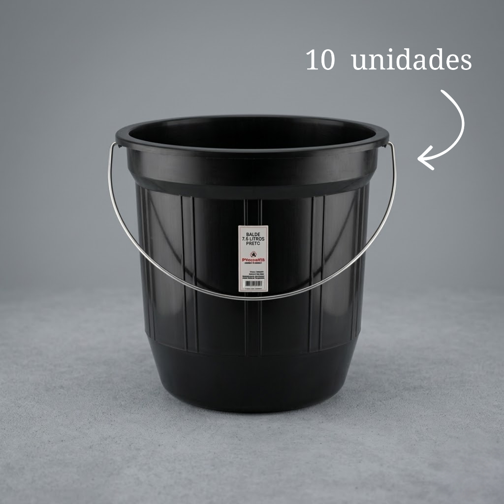 Balde de Plástico 7,5L Preto com Alça de Metal Kit 10 Peças Resistente Multiuso