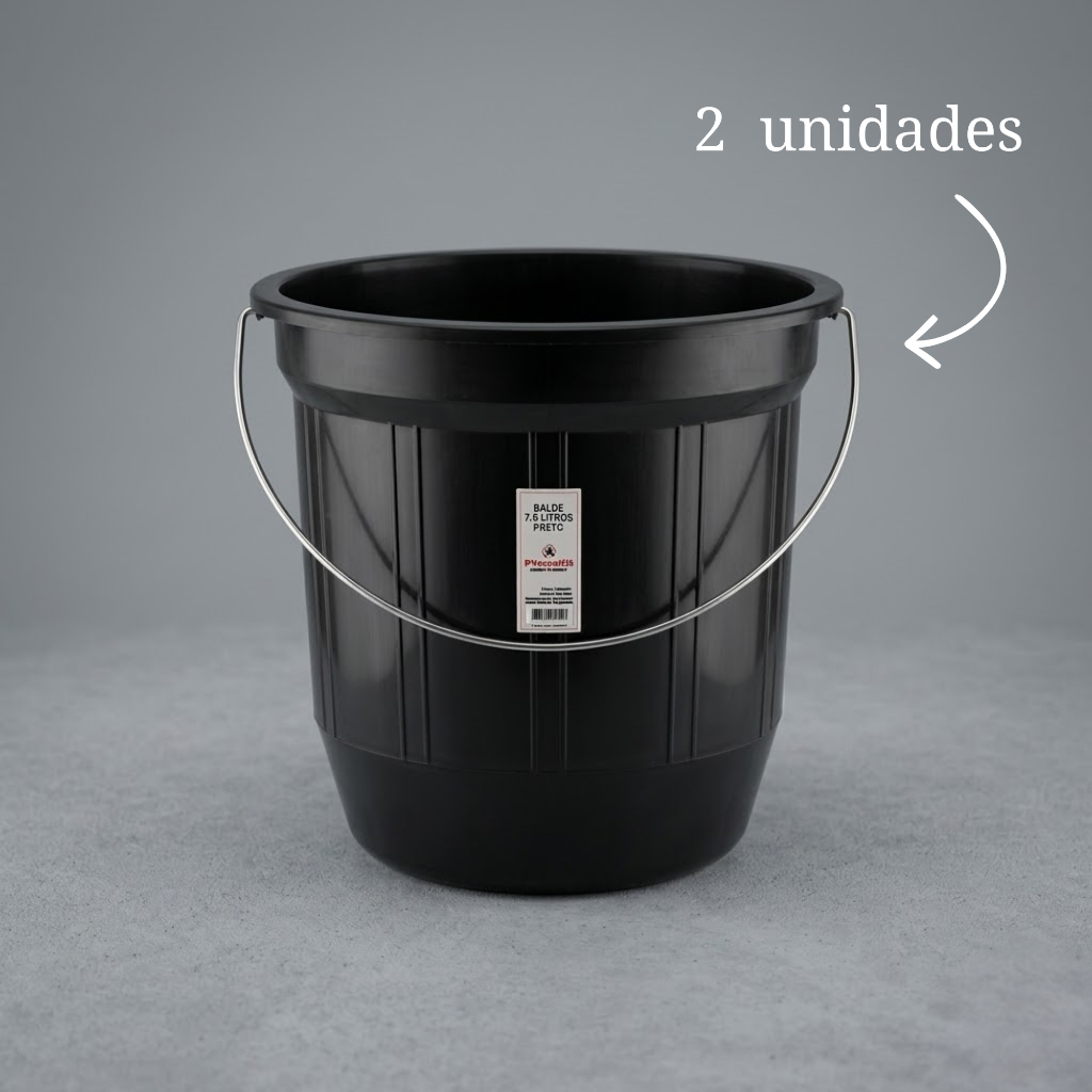 Balde de Plástico 7,5L Preto com Alça de Metal Kit 2 Peças Resistente Multiuso