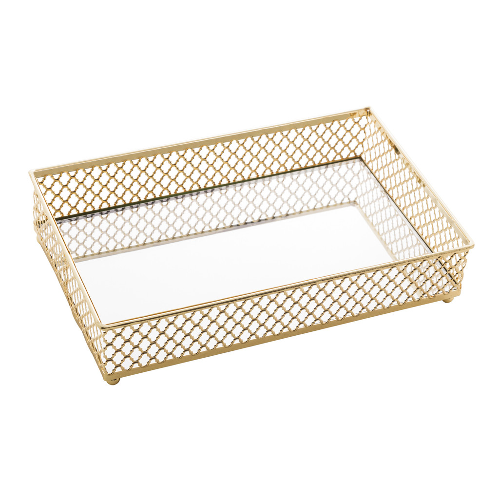 Bandeja de Metal com Espelho Dourada Barcelona 21x13cm / Marbella 32x20cm - Lyor