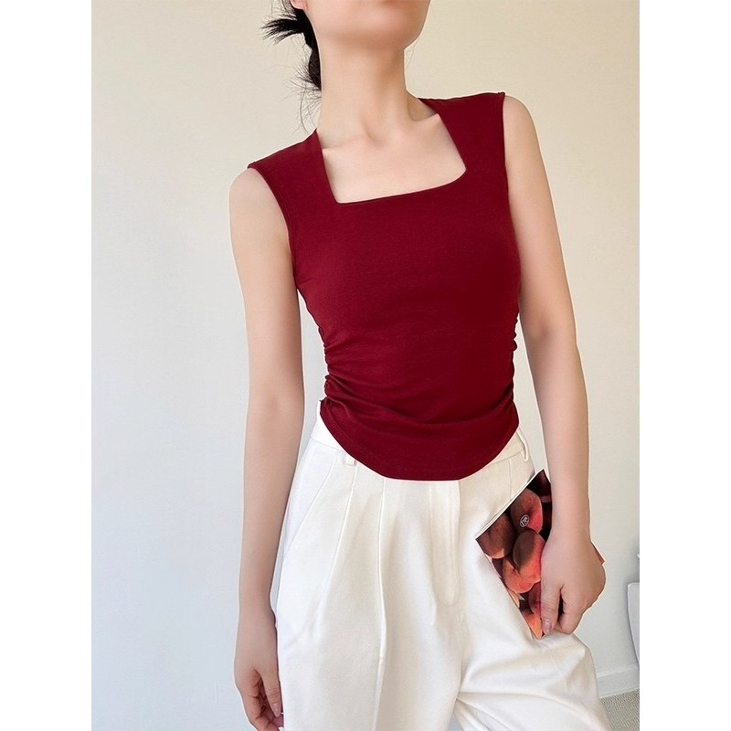 Retro vermelho Design sentimento plissado colete fino-ajuste mais magro olhar magro pescoço quadrado Suspender camisa de