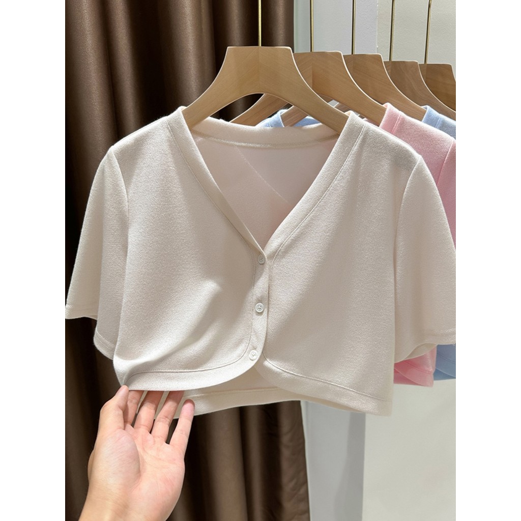 Cardigan de manga curta de seda gelo feminino verão estilo fino Suspender saia exterior protetor solar xale blusa branco