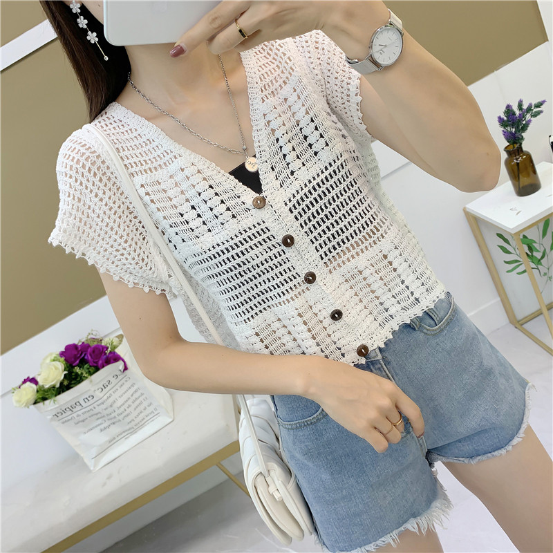 Cardigan de renda curta Suspender saia pequeno xale oco topo feminino manga curta primavera verão fino exterior usar col