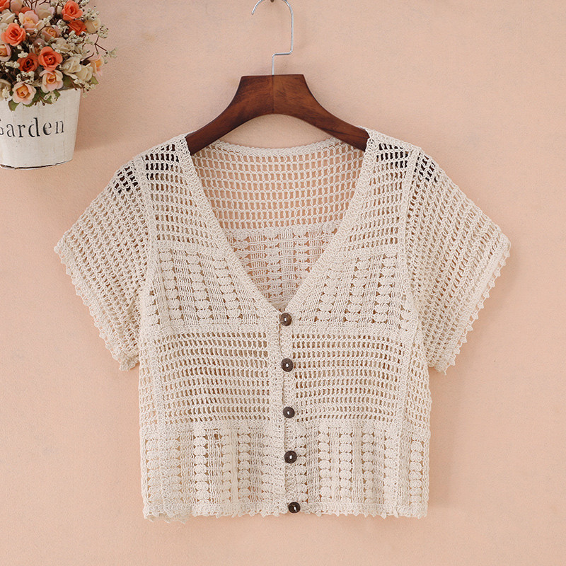 Cardigan de renda curta Suspender saia exterior pequeno xale oco topo feminino manga curta primavera verão fino colete j