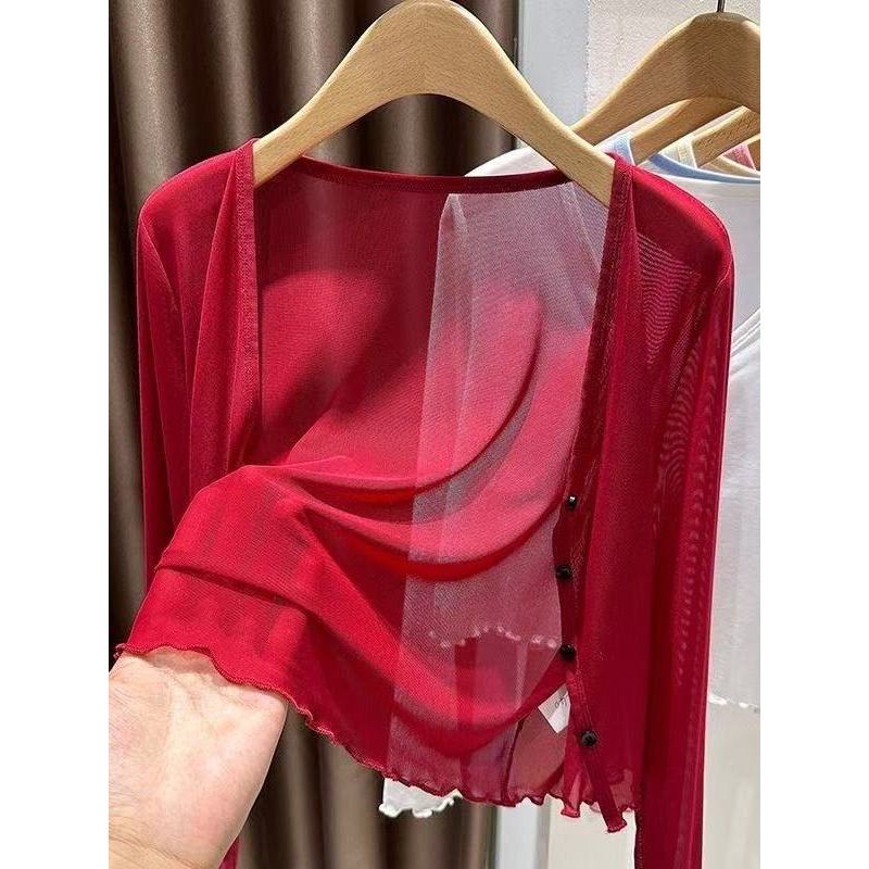 Super fada estilo fino gaze Cardigan feminino verão Suspender saia exterior xale blusa suave bonito transparente pequeno
