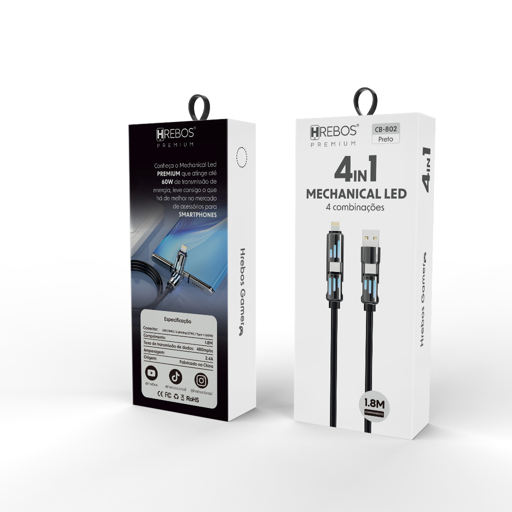 CB-802 - Cabo 4 em 1 Mechanical Led - 1,8 Metros - Preto