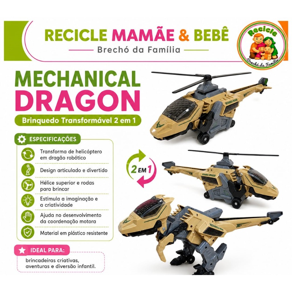 Mechanical Dragon – Brinquedo Transformável 2 em 1 | Recicle Mamãe & Bebê