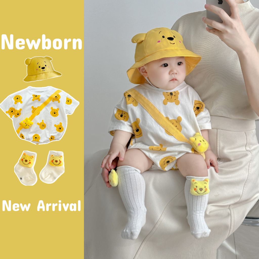 Macacão De Verão Para Bebês Recém-Nascidos Poonie Bear New Baby Boy and Girl Short-sleeved Onesie 0-24 Meses