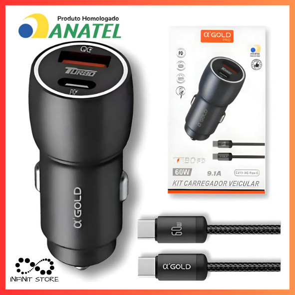 Carregador Veicular Universal 60W PD USB-C com Cabo Compatível Android e iPhone