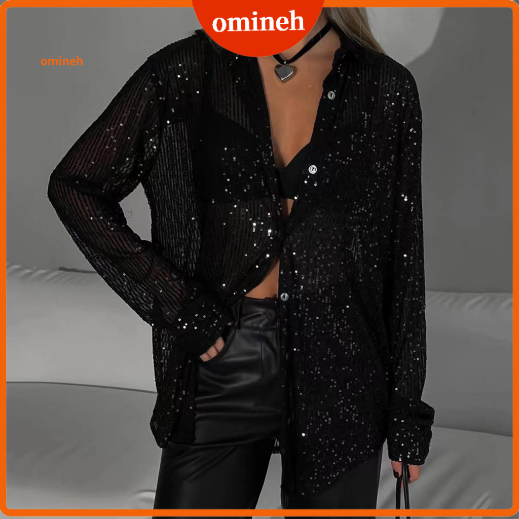 Sequined Women Shirt Breathable Polyester Women’s Sequin Button-down Long Sleeve Shiny Blouse Loose Fit Top for Work W