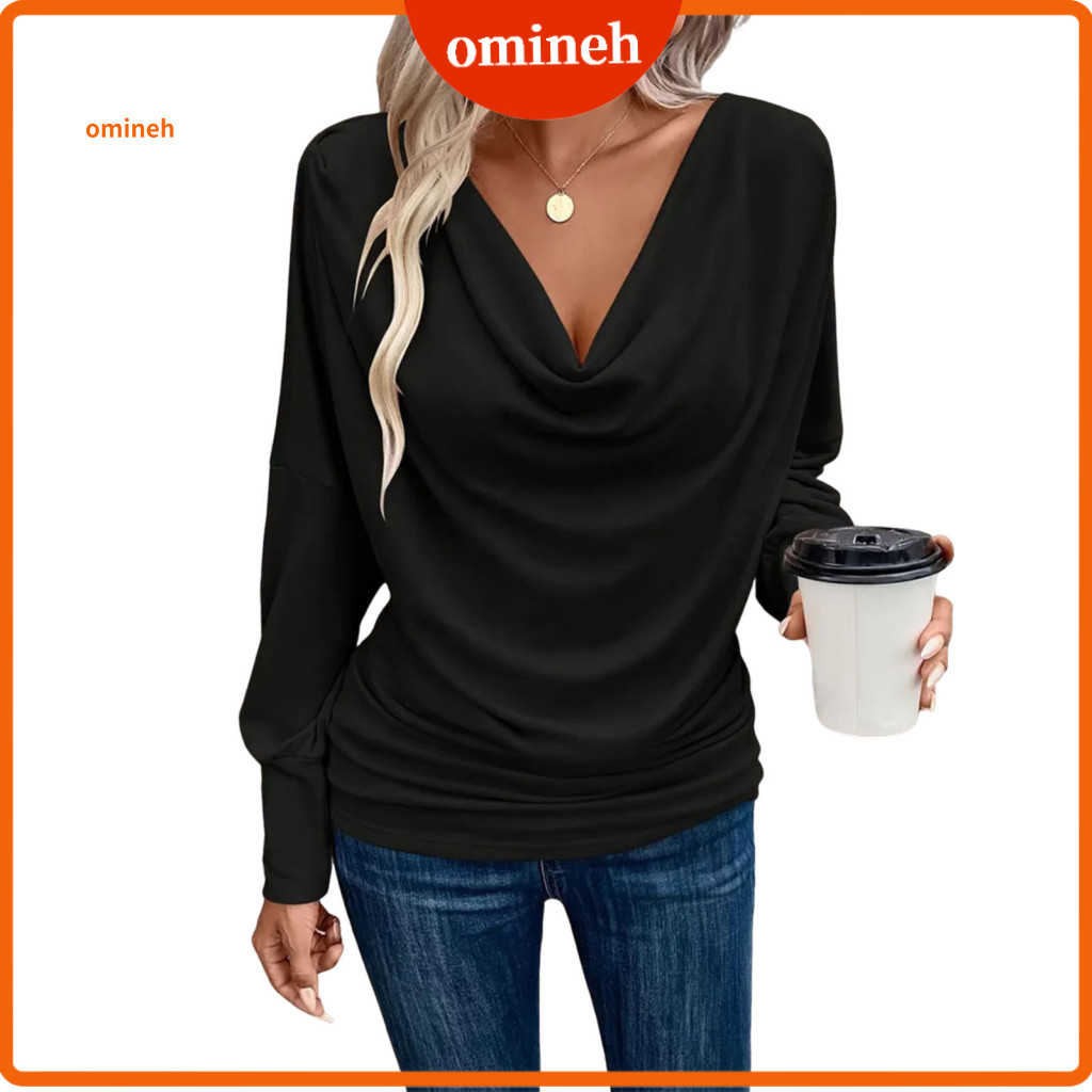 Regular Fit Women Tops Blouse Women’s Casual Long Sleeve Loose Mid-length Top with Stacked Collar Pure Color Wear Shir
