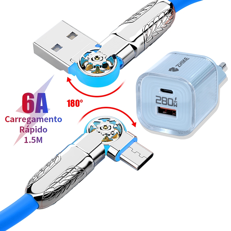 Cabo de Dados Rotacao Dupla Carregamento Rapido 280W 6A Tipo C Android 1,5 Metro Carregador