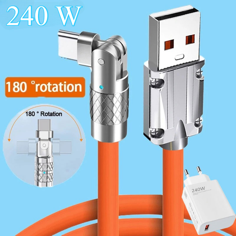 3pc 240W Carregador Tipo-c Micro USB IPhone Rotação De 180 Graus Cabo De Dados De Carregamento Rápido 6A 1M Silicone