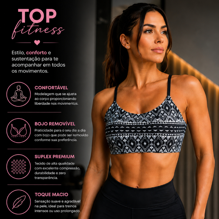 Blusa Top Fitness Feminino Adulto Com Bojo Removível De Academia Fitness Treino Corrida Estampado