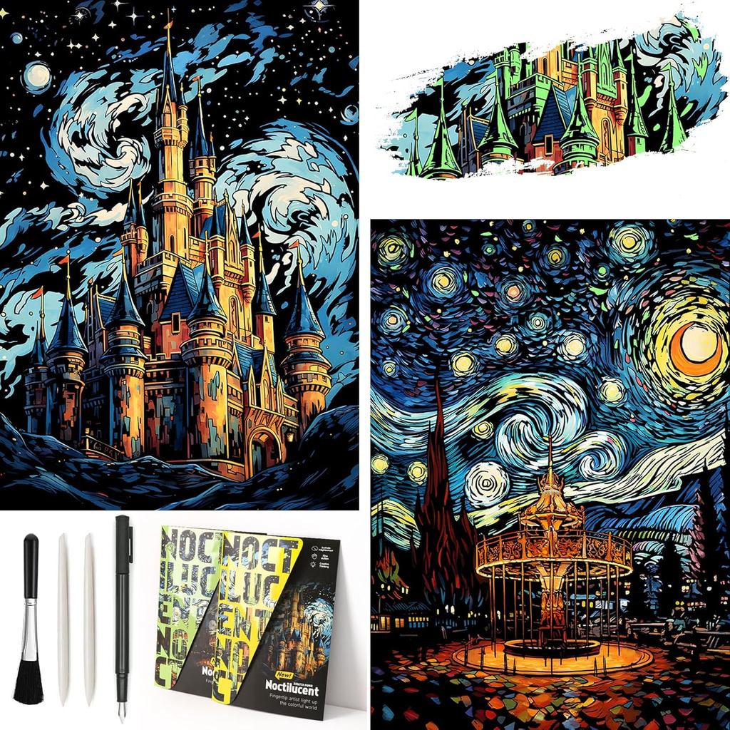 Glow in the dark Scratch Art Rainbow Painting Paper, 2 PACK Van Gogh Style Engraving Art Creative Craft Tools Set, Fun M