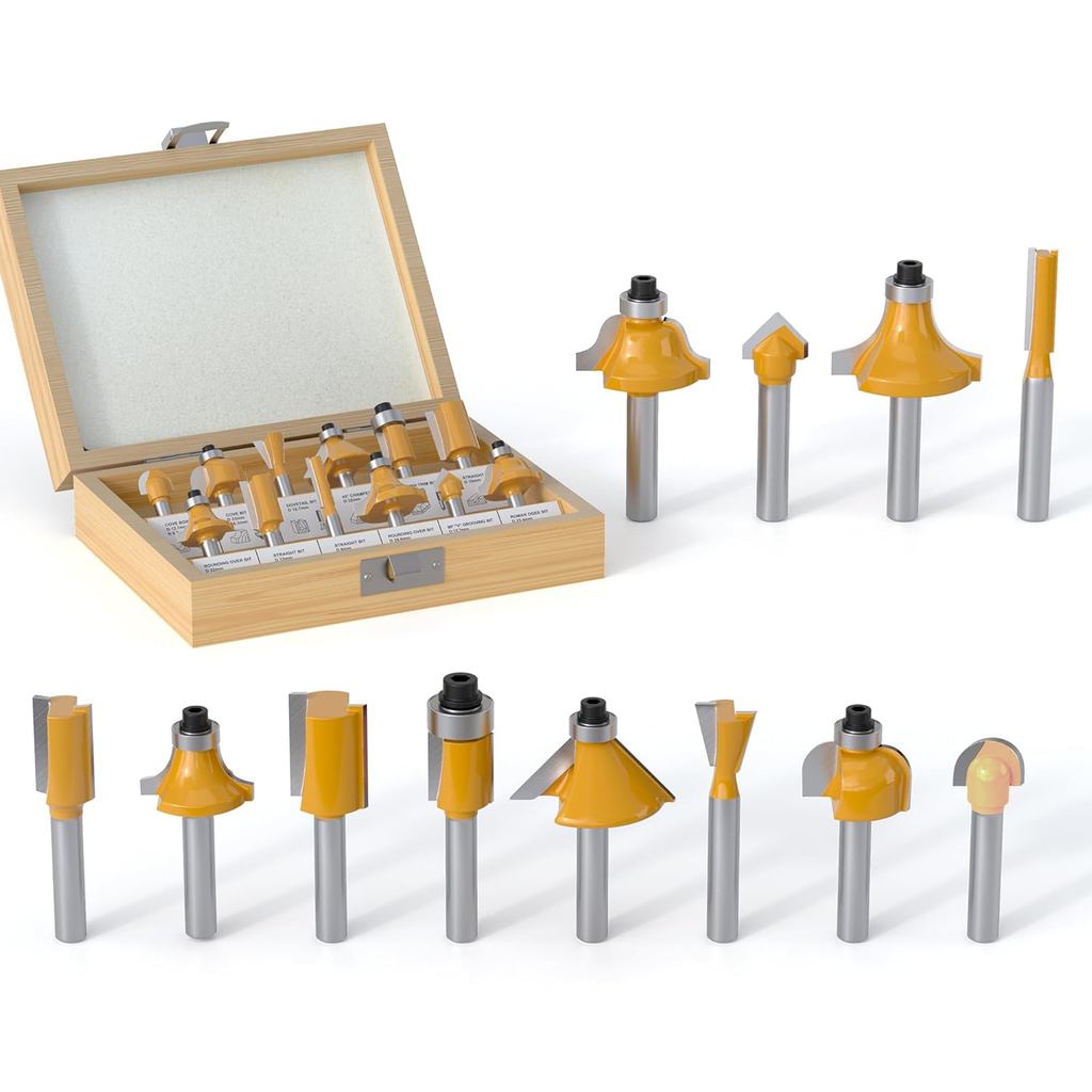 12 Pieces Tungsten Carbide Router Bit Set 1/4 Inch Shank for Beginners Woodwork Tools, Including Dovetail, Chamfer, Stra