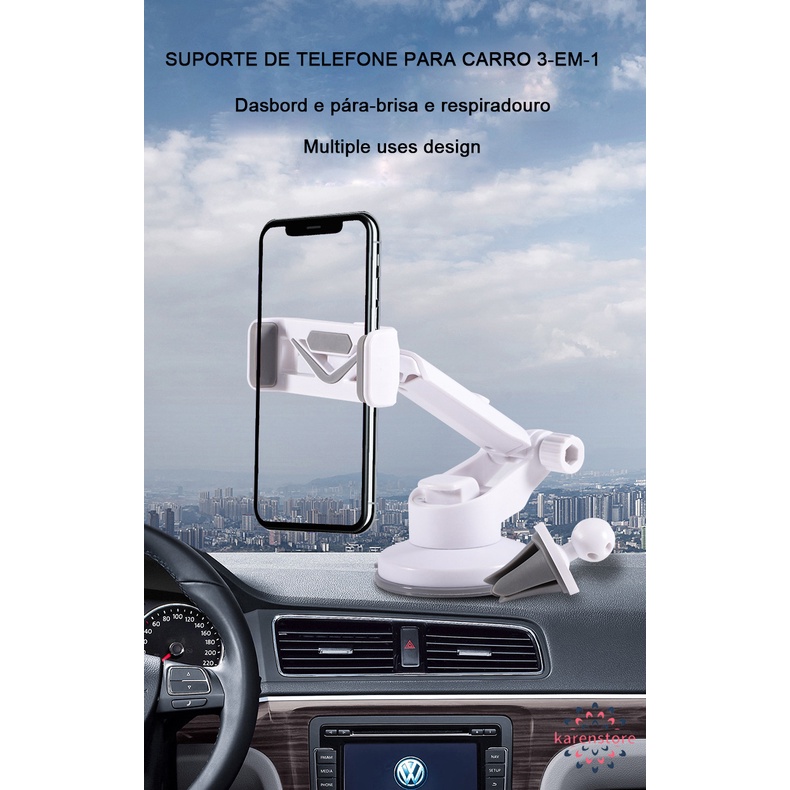 Suporte Celular GPS Carro Resistente Firme Haste Ajuste Prolongável Rotação 360 Base Universal Veicular Ar Condicionado