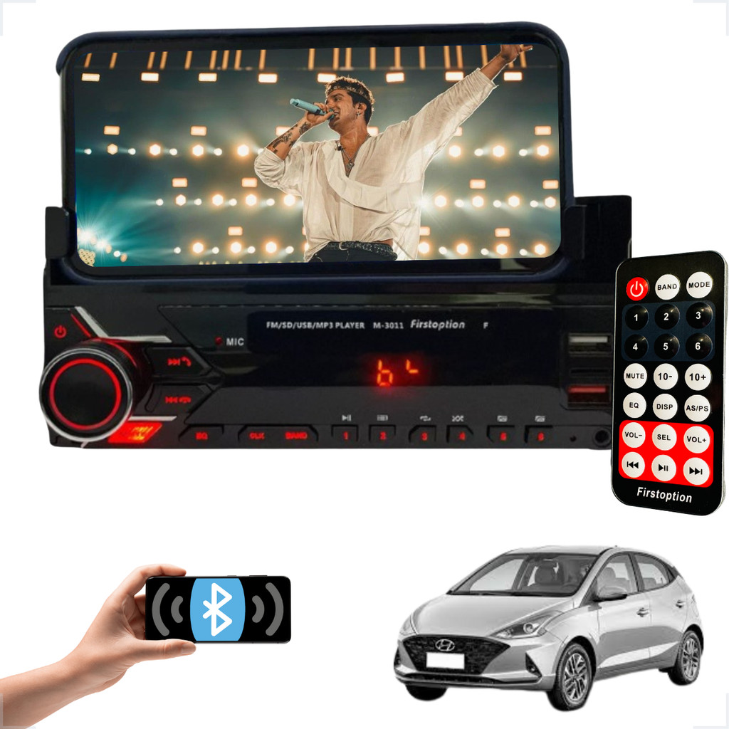 MP3 Player 1 Din Bluetooth Stand Celular HB20 2012 2013 2014 2015 2016 2017 2018 2020 2021 2022