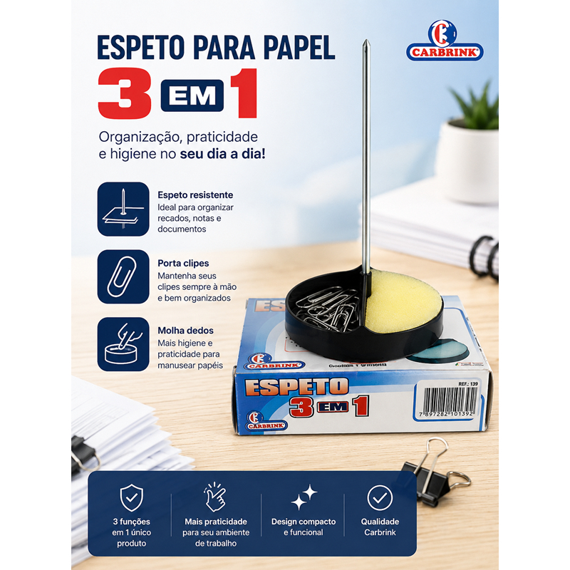 Espeto para Papel 3 em 1 Carbrink com Porta Clipes e Molha Dedos Organizador de Mesa 1 Unidade