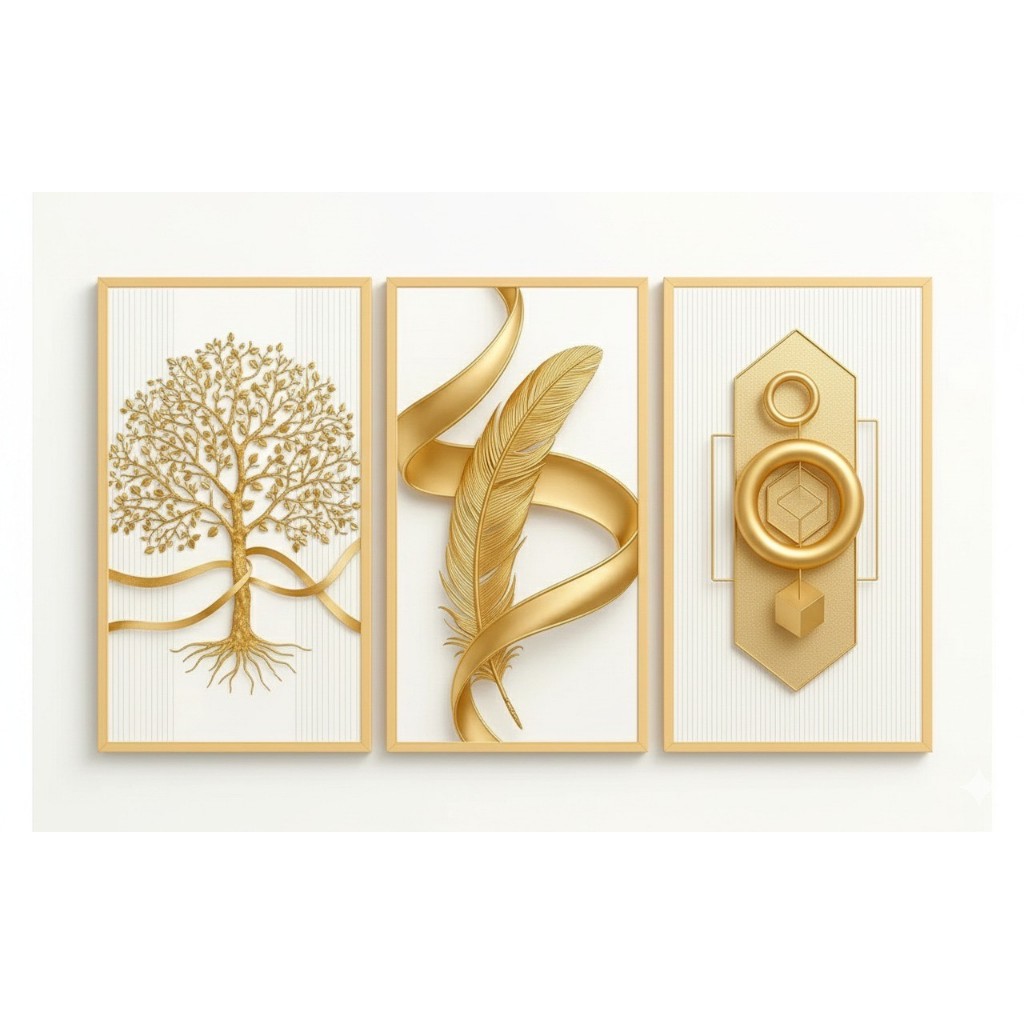 Quadros decorativos Natureza e Geometria em Ouro (3 peças)