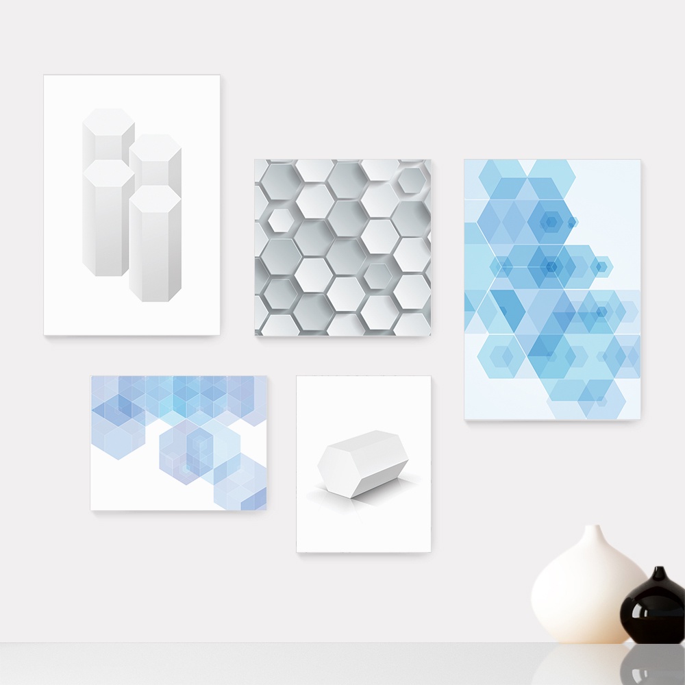 Kit 5 Quadros Decorativos Placas - Abstrato Geometria Hexágono Casa Quarto Sala - 014ktpl5