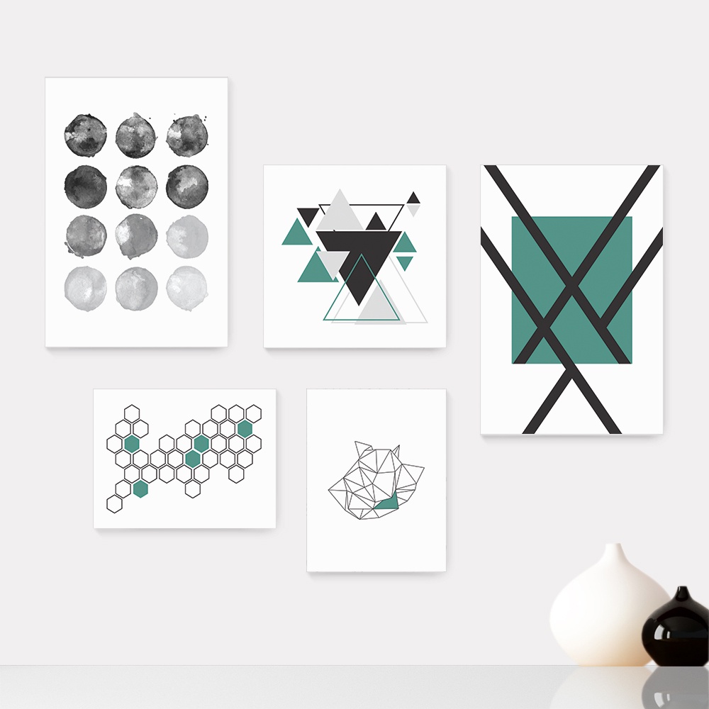 Kit 5 Quadros Decorativos Placas - Abstrato Verde Geometria Casa Quarto Sala - 018ktpl5