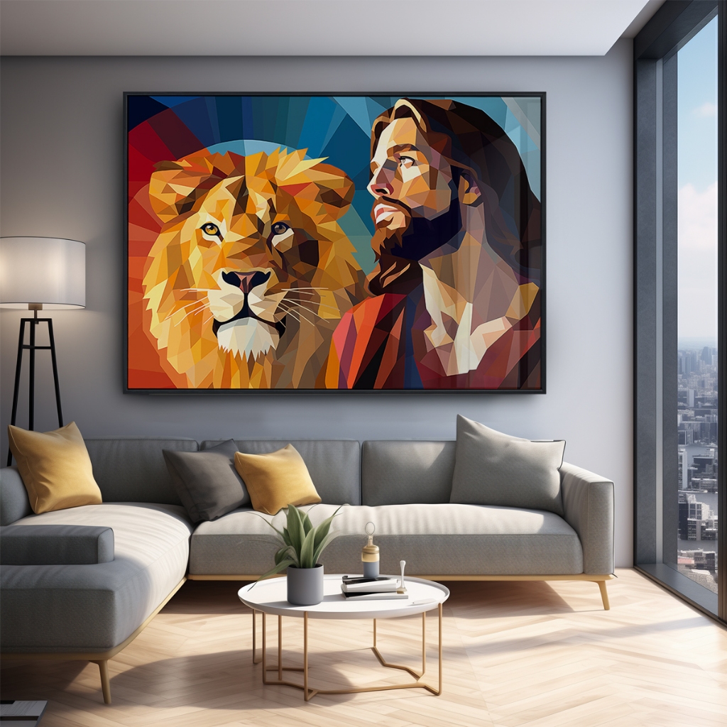 Quadro Decorativo Geometria Color Leão e Jesus, Sala, Quarto, Escritório, Acabamento Luxo Moldura