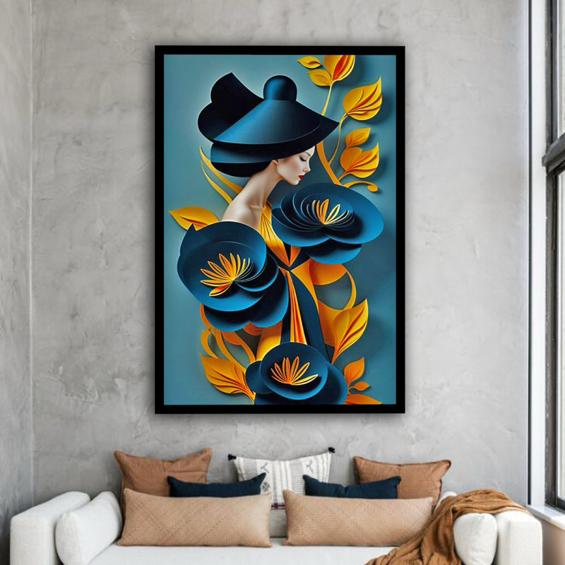 Quadro Decorativo Peça Única Abstrato Mulher Flores Azuis Folhas Amarelas Geometria Placa MDF 4K HD