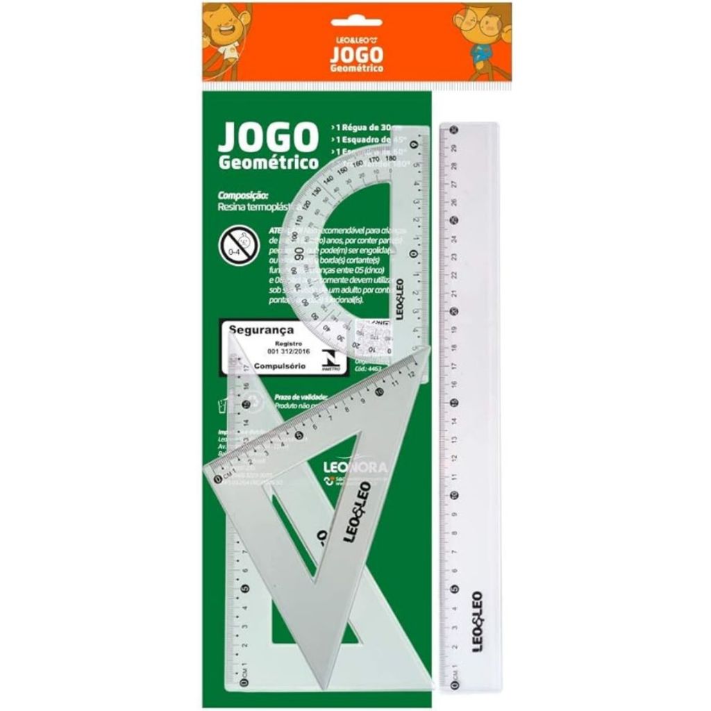 Jogo Geométrico 1° Grau Aulas Geometria Matemática 4 Peças Régua Esquadro Transferidor Leo e Leo