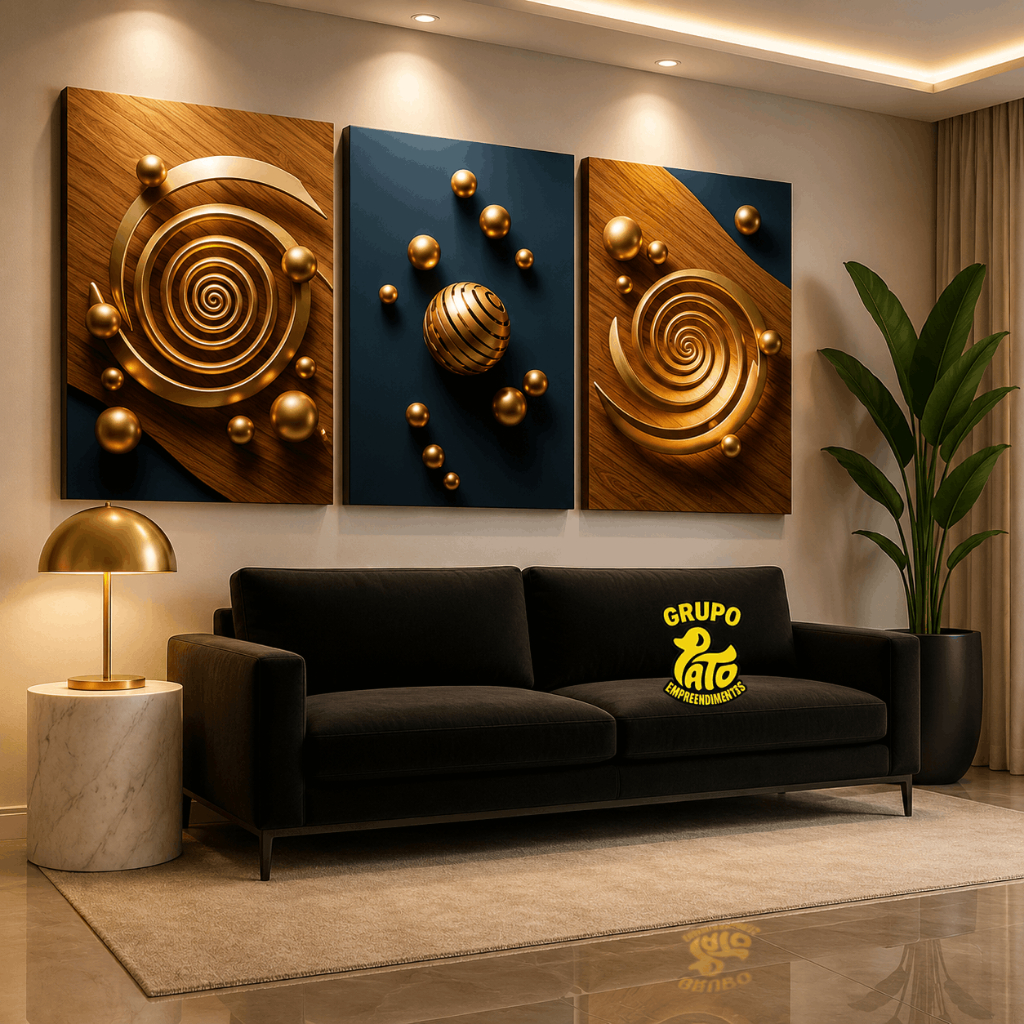 Quadro Decorativo Luxo 3 Peças Sala Quarto Geometria Espiral Cósmica Dimensões Espaço