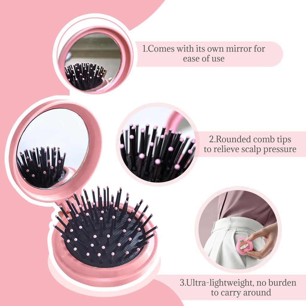 BOROLA 2PCS Mini Folding Hair Brush with Mirror for Women, Portable 2-in-1 Air Cushion Comb, Cute Cartoon Massage Brushe